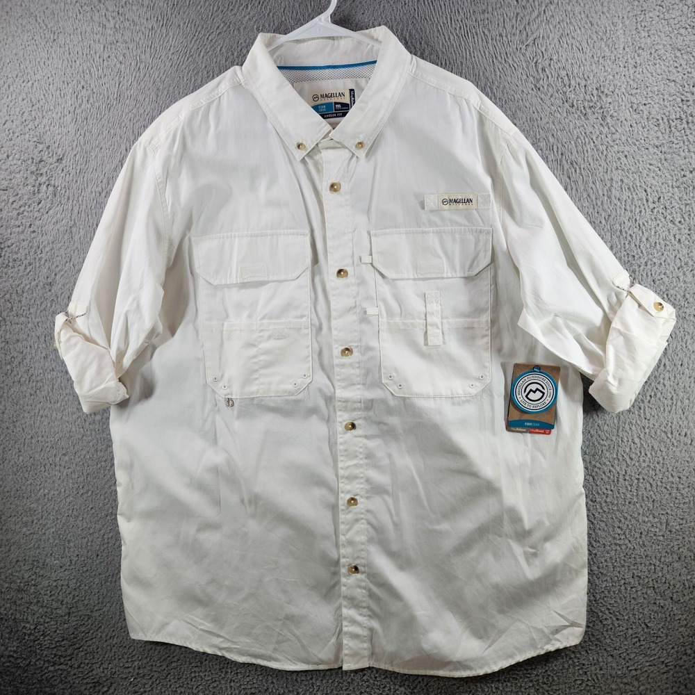 NEW Magellan Outdoors Fish Gear Shirt Mens 2XL White Angler Fit UPF